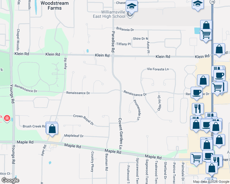 map of restaurants, bars, coffee shops, grocery stores, and more near 370 Renaissance Drive in Buffalo