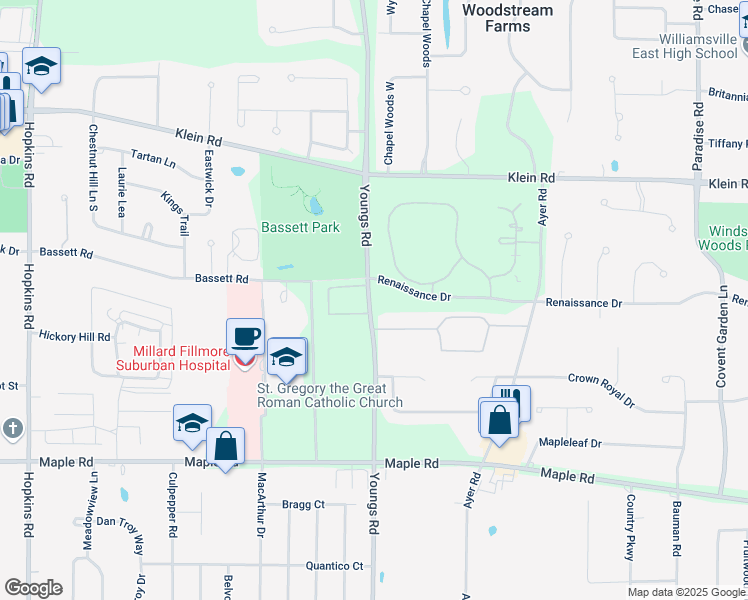 map of restaurants, bars, coffee shops, grocery stores, and more near 1075 Youngs Road in Buffalo