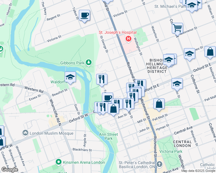 map of restaurants, bars, coffee shops, grocery stores, and more near 820 Talbot Street in London
