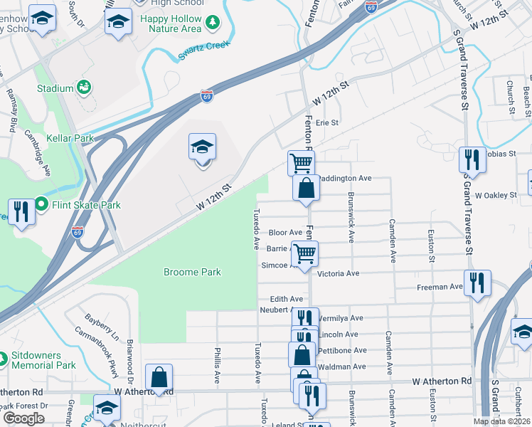 map of restaurants, bars, coffee shops, grocery stores, and more near 1111 Ossington Avenue in Flint