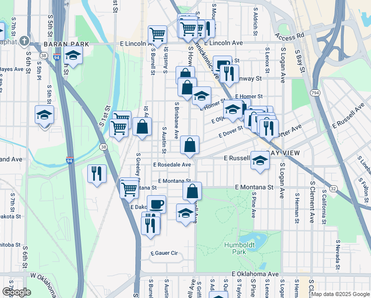 map of restaurants, bars, coffee shops, grocery stores, and more near 2632 South Howell Avenue in Milwaukee