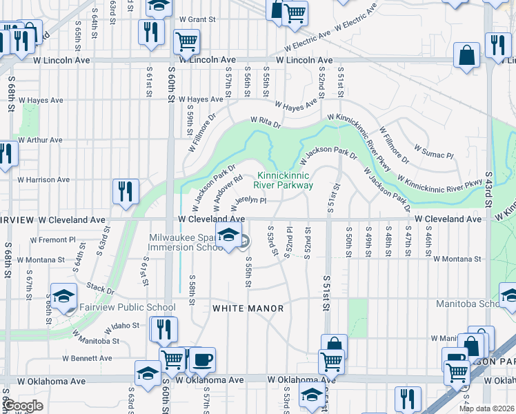 map of restaurants, bars, coffee shops, grocery stores, and more near 5426 West Cleveland Avenue in Milwaukee