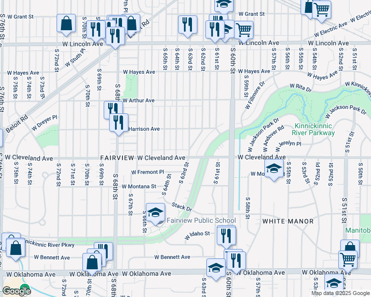 map of restaurants, bars, coffee shops, grocery stores, and more near 6300 West Cleveland Avenue in Milwaukee