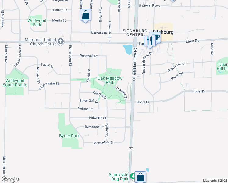 map of restaurants, bars, coffee shops, grocery stores, and more near 29 Oak Park Way in Fitchburg