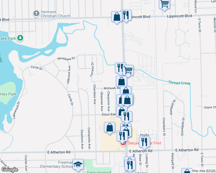 map of restaurants, bars, coffee shops, grocery stores, and more near 1109 Mohawk Avenue in Flint