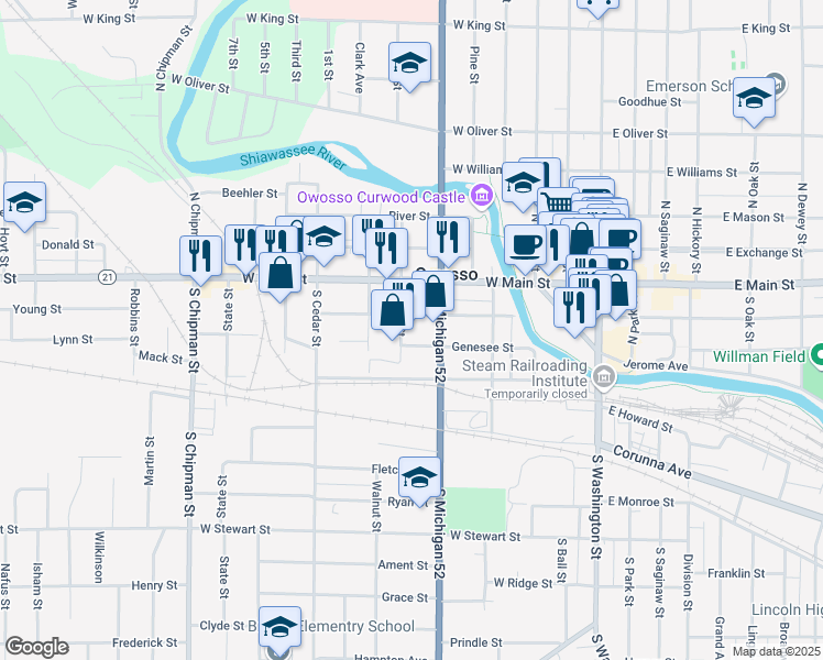 map of restaurants, bars, coffee shops, grocery stores, and more near 222 South Elm Street in Owosso
