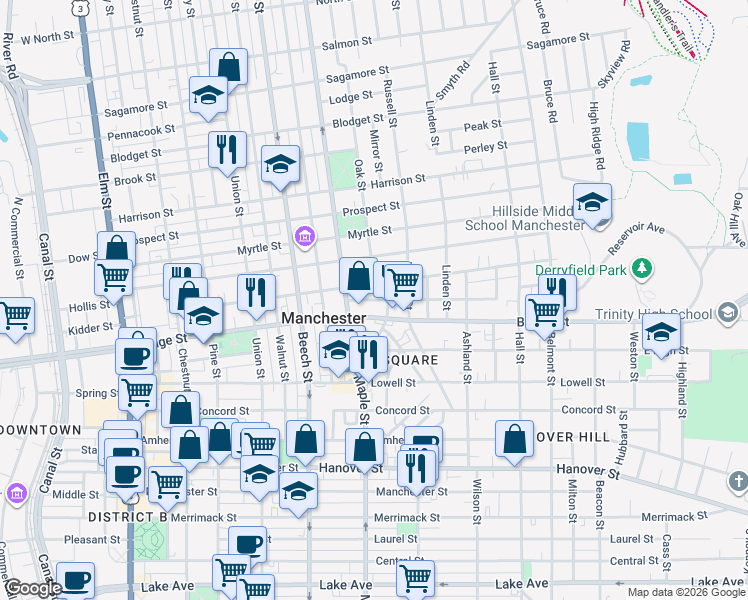 map of restaurants, bars, coffee shops, grocery stores, and more near 19-37 Arlington Street in Manchester
