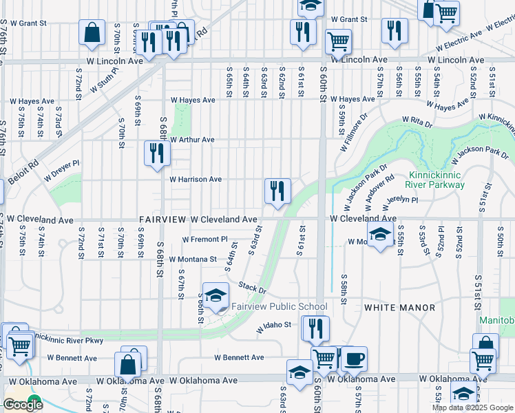 map of restaurants, bars, coffee shops, grocery stores, and more near 6300 West Cleveland Avenue in Milwaukee