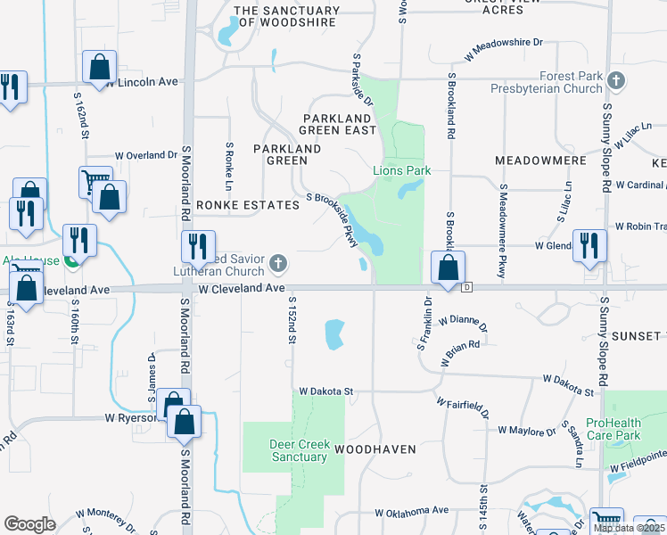 map of restaurants, bars, coffee shops, grocery stores, and more near 15000 West Cleveland Avenue in New Berlin