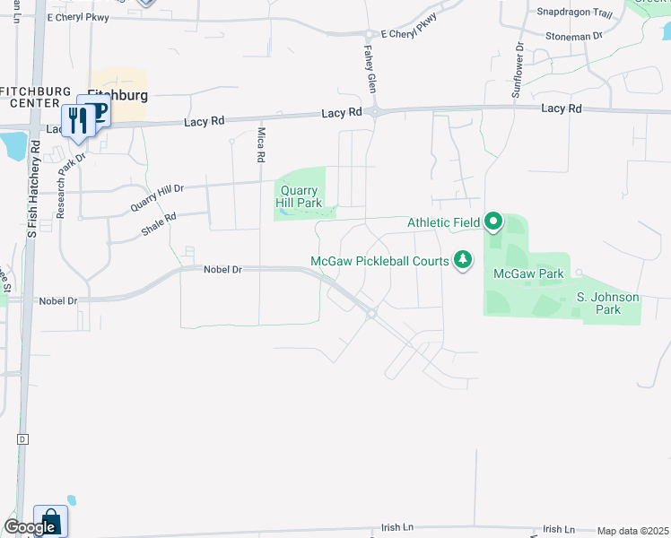 map of restaurants, bars, coffee shops, grocery stores, and more near 2600 Smoky Trail in Fitchburg