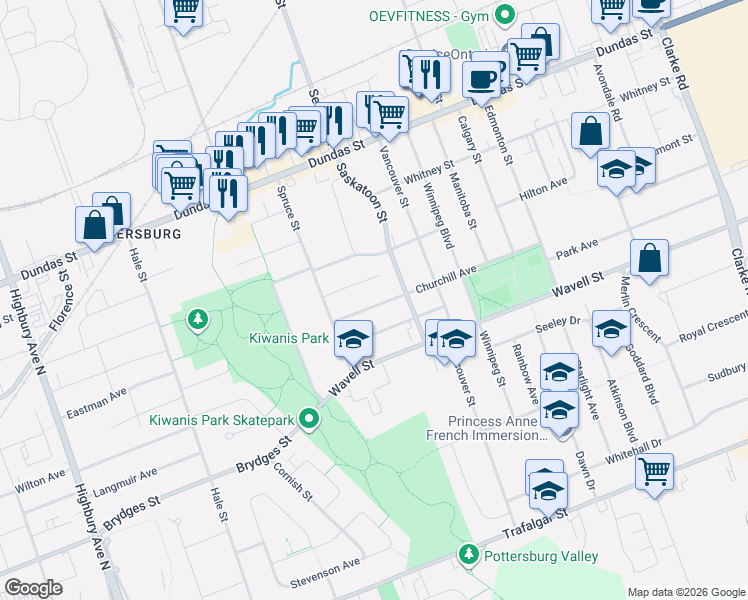 map of restaurants, bars, coffee shops, grocery stores, and more near 1632 Churchill Avenue in London
