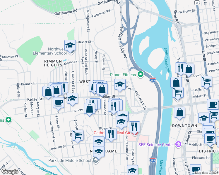 map of restaurants, bars, coffee shops, grocery stores, and more near 570 Dubuque Street in Manchester