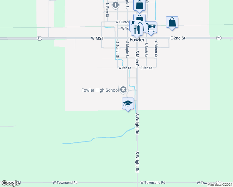 map of restaurants, bars, coffee shops, grocery stores, and more near 700 South Main Street in Fowler