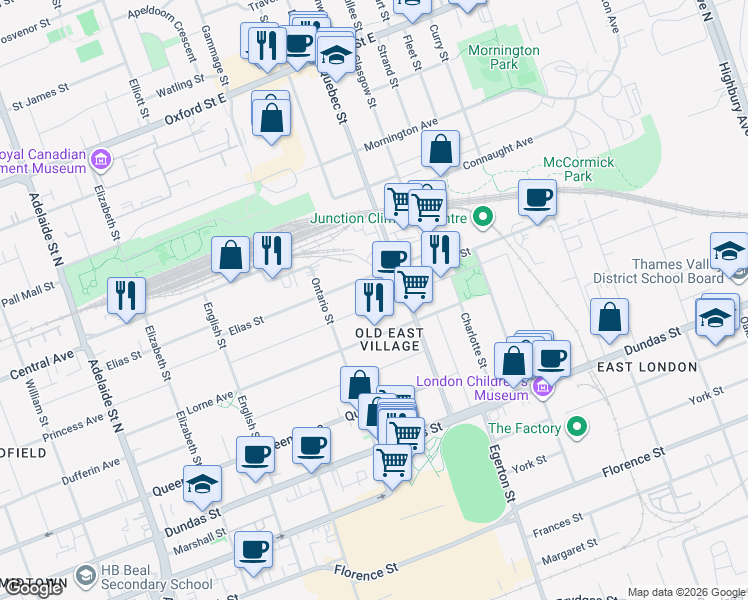map of restaurants, bars, coffee shops, grocery stores, and more near 924 Princess Avenue in London