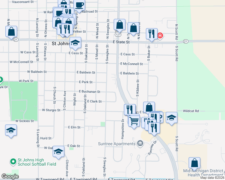 map of restaurants, bars, coffee shops, grocery stores, and more near 505 East Buchanan Street in Saint Johns