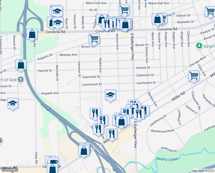 map of restaurants, bars, coffee shops, grocery stores, and more near 3913 Larchmont Street in Flint