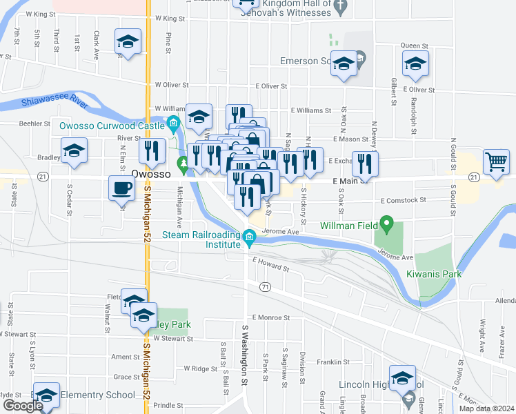map of restaurants, bars, coffee shops, grocery stores, and more near 201 South Washington Street in Owosso