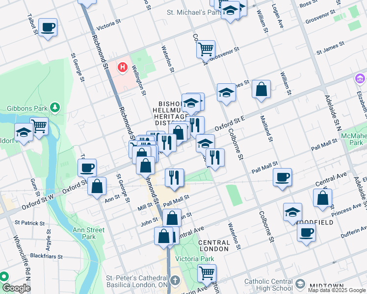 map of restaurants, bars, coffee shops, grocery stores, and more near 305 Oxford Street East in London