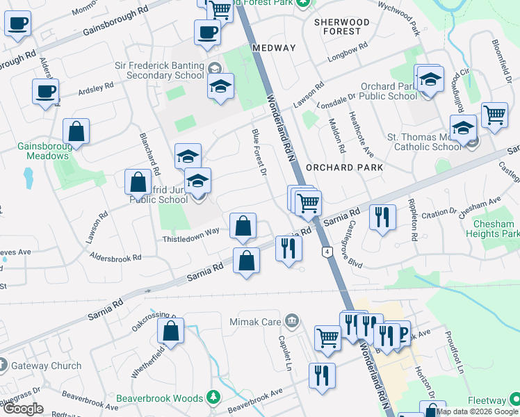 map of restaurants, bars, coffee shops, grocery stores, and more near 896 Thistledown Way in London