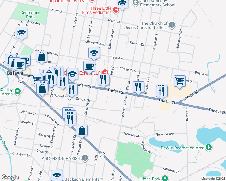 map of restaurants, bars, coffee shops, grocery stores, and more near 21 Masse Place in Batavia