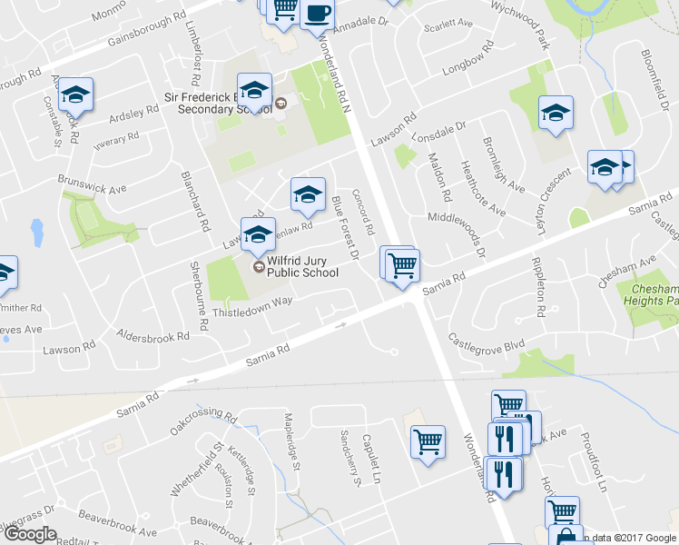map of restaurants, bars, coffee shops, grocery stores, and more near 136 Concord Crescent in London