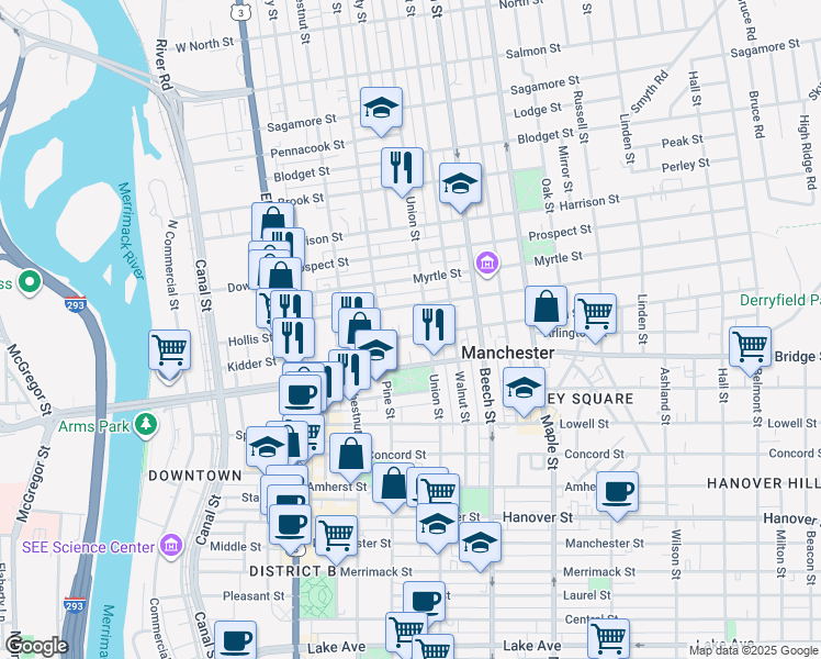 map of restaurants, bars, coffee shops, grocery stores, and more near 144 Pearl Street in Manchester