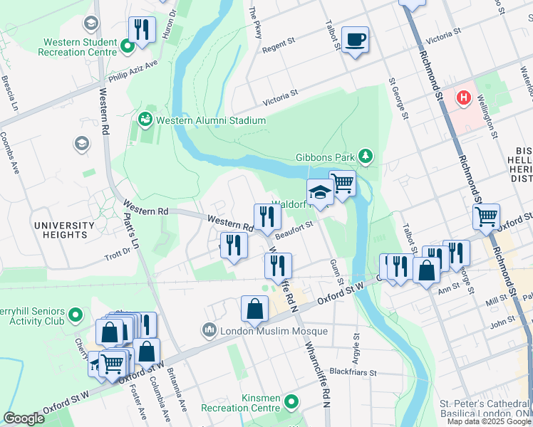 map of restaurants, bars, coffee shops, grocery stores, and more near 355 Wharncliffe Road North in London