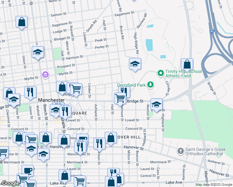 map of restaurants, bars, coffee shops, grocery stores, and more near 684 Hall Street in Manchester