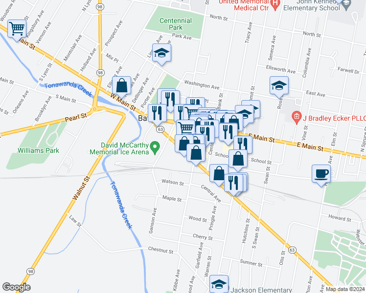 map of restaurants, bars, coffee shops, grocery stores, and more near 51-89 Ellicott Street in Batavia
