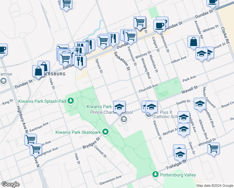 map of restaurants, bars, coffee shops, grocery stores, and more near 1614 Churchill Avenue in London