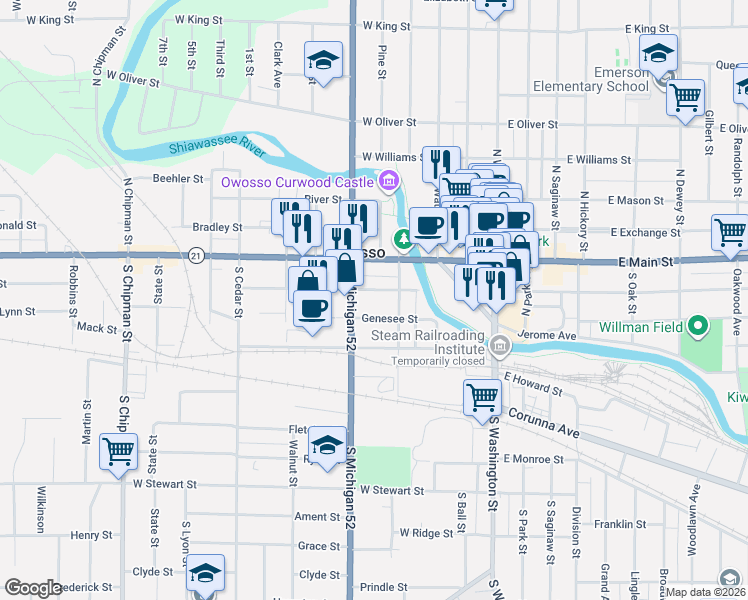map of restaurants, bars, coffee shops, grocery stores, and more near 424 Genesee Street in Owosso