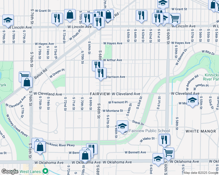 map of restaurants, bars, coffee shops, grocery stores, and more near 6700 West Cleveland Avenue in Milwaukee