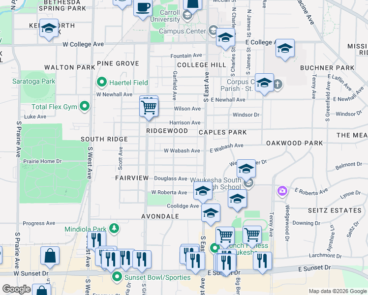 map of restaurants, bars, coffee shops, grocery stores, and more near 129 West Wabash Avenue in Waukesha