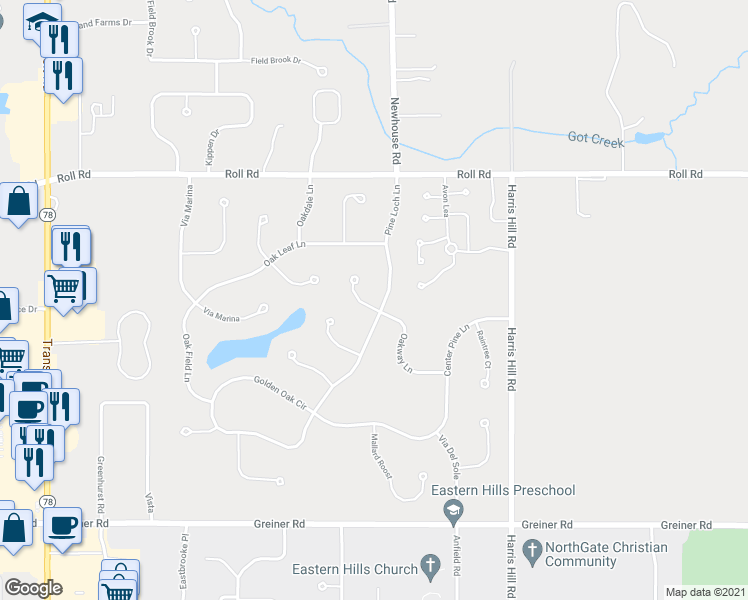 map of restaurants, bars, coffee shops, grocery stores, and more near 5528 Pine Loch Lane in Buffalo