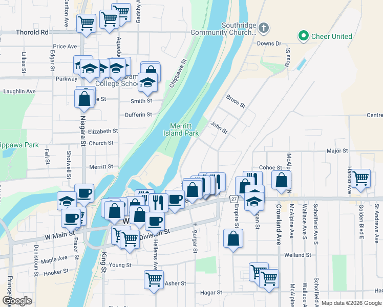map of restaurants, bars, coffee shops, grocery stores, and more near in Welland