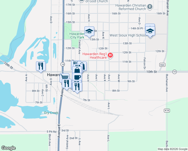 map of restaurants, bars, coffee shops, grocery stores, and more near 803 9th Street in Hawarden