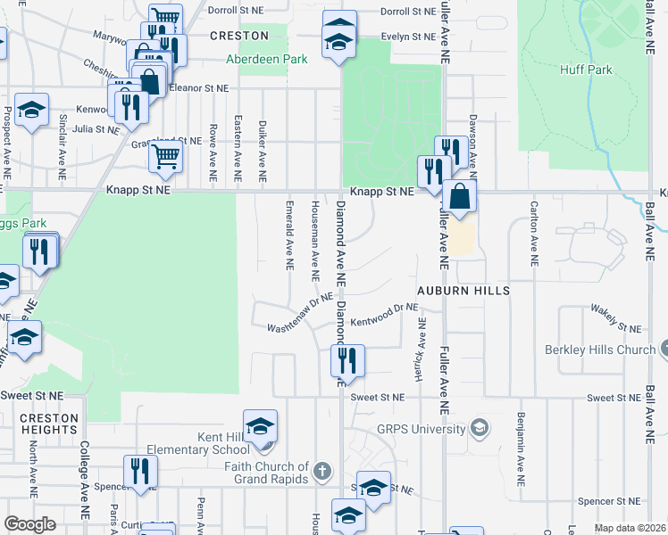 map of restaurants, bars, coffee shops, grocery stores, and more near 1830 Houseman Avenue Northeast in Grand Rapids