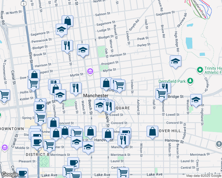 map of restaurants, bars, coffee shops, grocery stores, and more near 26 Arlington Street in Manchester