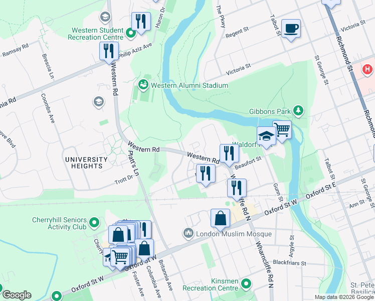 map of restaurants, bars, coffee shops, grocery stores, and more near 974 Western Road in London