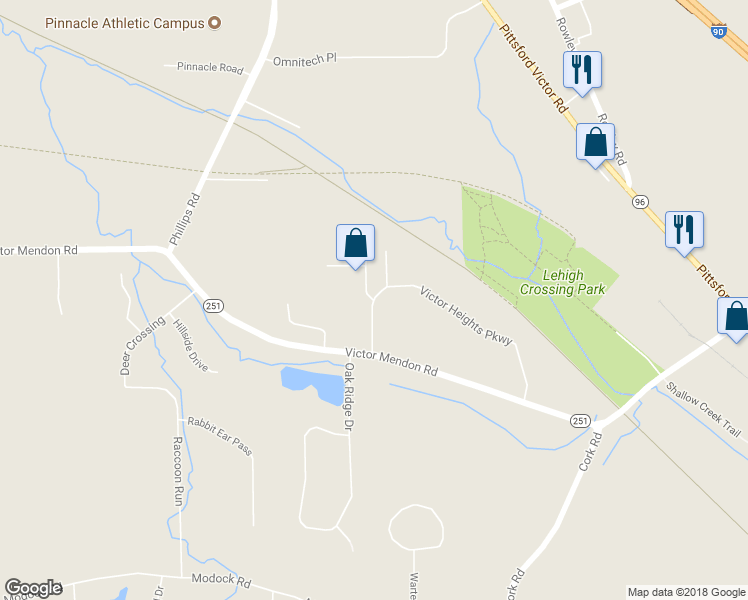 map of restaurants, bars, coffee shops, grocery stores, and more near 50 Victor Heights Parkway in Victor