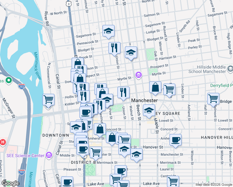 map of restaurants, bars, coffee shops, grocery stores, and more near 142 Pearl Street in Manchester