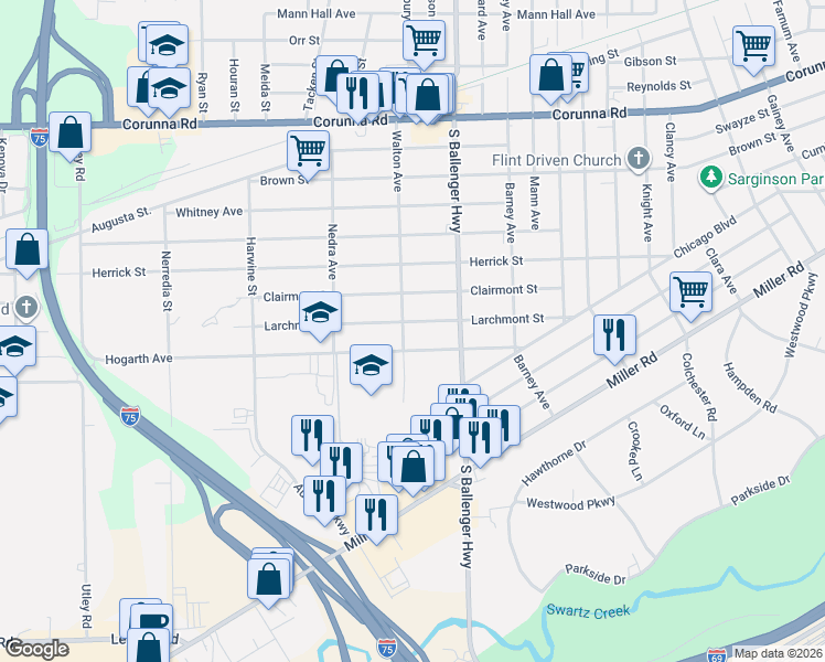 map of restaurants, bars, coffee shops, grocery stores, and more near 3702 Hogarth Avenue in Flint