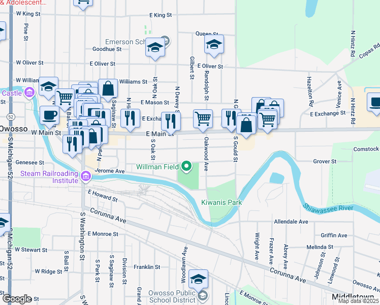 map of restaurants, bars, coffee shops, grocery stores, and more near 623 Grover Street in Owosso