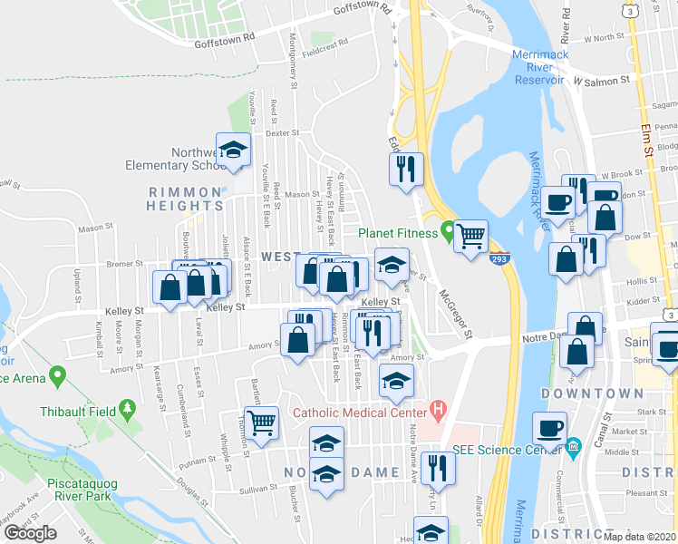 map of restaurants, bars, coffee shops, grocery stores, and more near 592 Rimmon Street in Manchester