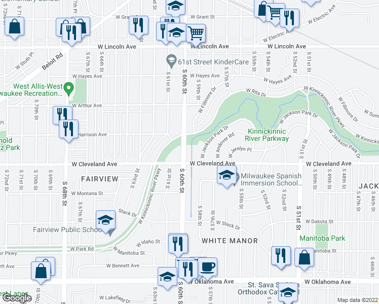 map of restaurants, bars, coffee shops, grocery stores, and more near 2650 South 60th Street in Milwaukee
