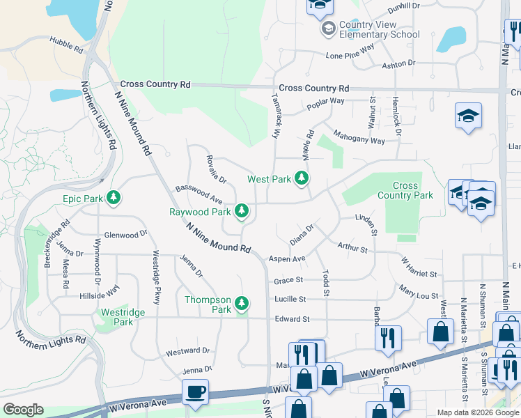 map of restaurants, bars, coffee shops, grocery stores, and more near 515 Acadia Way in Verona