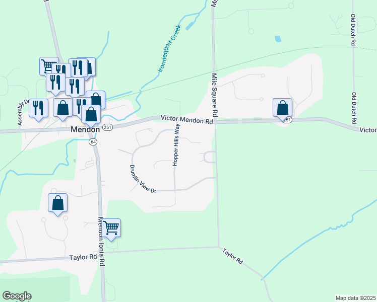map of restaurants, bars, coffee shops, grocery stores, and more near 22 Woodridge Drive in Mendon