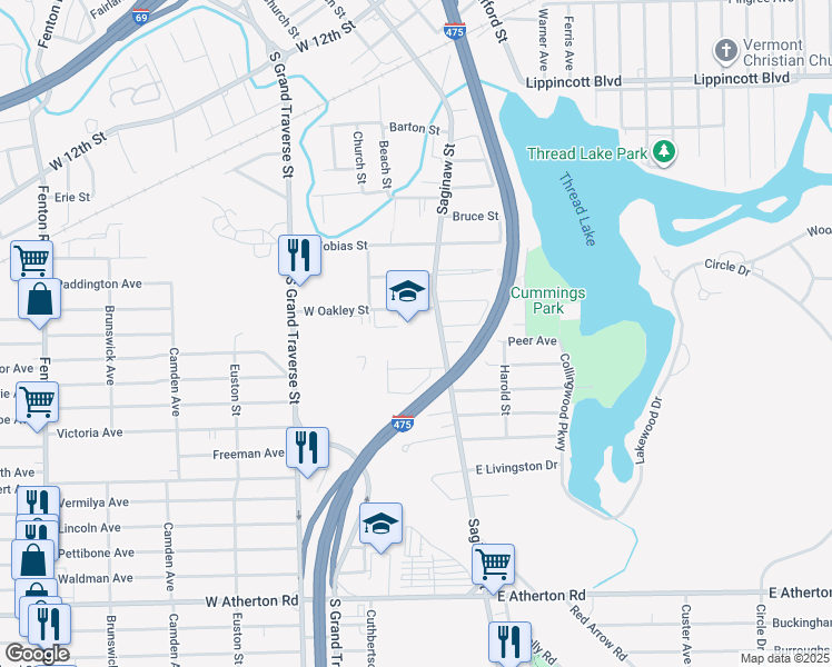 map of restaurants, bars, coffee shops, grocery stores, and more near 2820 Saginaw Street in Flint
