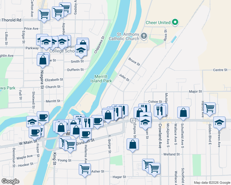 map of restaurants, bars, coffee shops, grocery stores, and more near 57 Margery Road in Welland