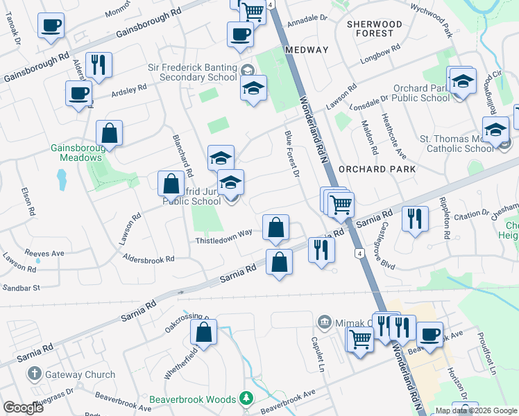 map of restaurants, bars, coffee shops, grocery stores, and more near 95 Concord Crescent in London